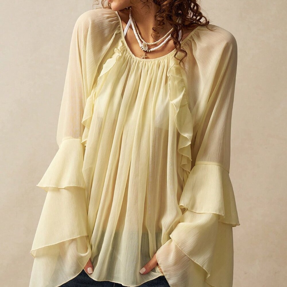 Yellow Casual Women's Loose Fit Long Sleeve Ruffled Hem Shirt - Picture 5 of 7